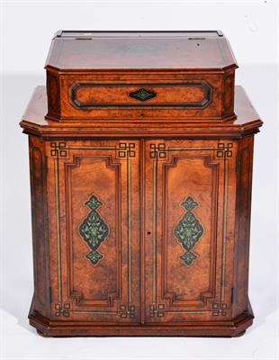 Lot 344 - A CONTINENTAL WALNUT BUREAU with painted strung decoration and with floral panels