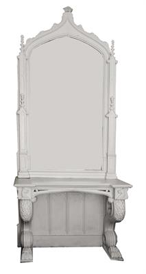 Lot 347 - A WHITE PAINTED GOTHIC REVIVAL STYLE PIER GLASS AND TABLE with pilaster columns either side of the