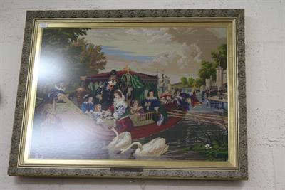 Lot 351 - A LARGE WOOL WORK PICTURE depicting Charles I in a barge on the Thames