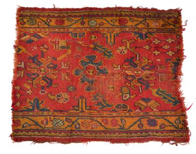 Lot 355 - AN OLD ORIENTAL BLUE GROUND PRAYER MAT with geometric decoration