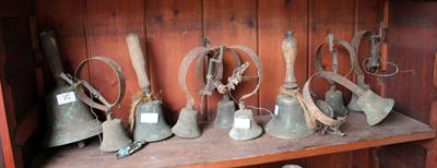 Lot 378 - THREE ANTIQUE BRONZE HAND BELLS and a quantity of 19th Century servants bells