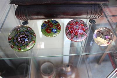 Lot 385 - THREE OLD GLASS PAPERWEIGHTS with cane decoration