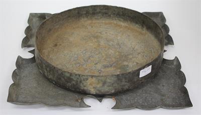 Lot 407 - AN ANTIQUE EASTERN BRASS TRAY with detailed geometric decoration and shaped edge