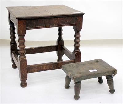Lot 408 - AN ANTIQUE ELM FRAMED JOINT STOOL with bobbin turned supports