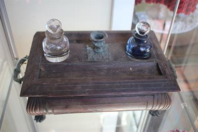 Lot 411 - A 19TH CENTURY ROSEWOOD DESK STAND with two glass inkwells