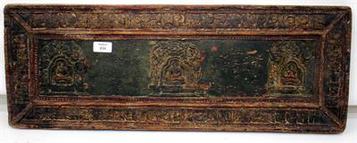 Lot 416 - AN ORIENTAL CARVED AND PAINTED WOODEN PANEL decorated with deities sat beneath bowers and within a
