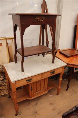 Lot 424 - A VICTORIAN MARBLE TOPPPED PINE WASH STAND with two frieze drawers and single cupboard door below