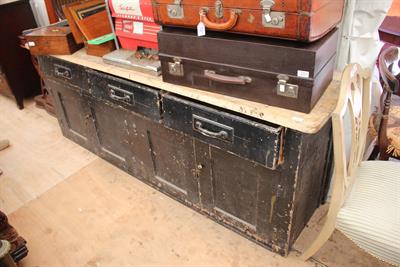 Lot 425 - A VICTORIAN PINE AND PAINTED DRESSER BASE with three deep drawers and four cupboard doors below