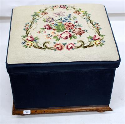 Lot 426 - A VICTORIAN NEEDLEWORK AND BLUE DRALON UPHOLSTERED OTTOMAN STOOL together with an unfinished