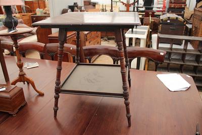 Lot 442 - AN EDWARDIAN SQUARE TOPPED MAHOGANY OCCASIONAL TABLE with turned splaying legs united by an