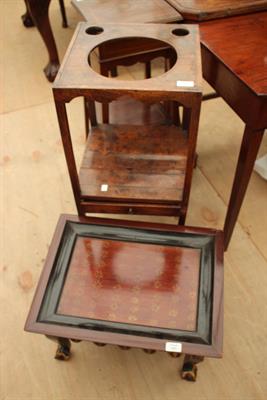Lot 443 - A TWO TIER BLACK LAQUERED TRAY TABLE together with a Georgian mahogany washstand and a low Indian