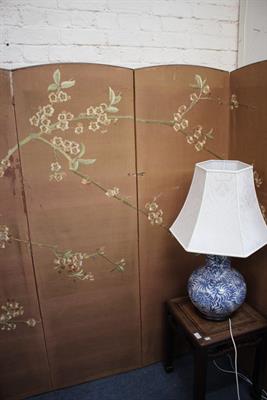 Lot 457 - A LATE 19TH CENTURY JAPANESE NEEDLEWORK FOUR FOLD SCREEN decorated with cherry blossom