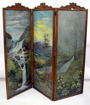 Lot 458 - A VICTORIAN OAK THREE FOLD SCREEN each panel hand painted