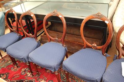 Lot 478 - FIVE VICTORIAN HOOP BACK MAHOGANY DINING CHAIRS with overstuffed upholstered seats and turned