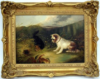 Lot 486 - AN OIL PAINTING ON CANVAS of two terriers looking expectantly at a rabbit hole
