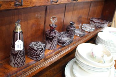 Lot 490 - A RUBY FLASH GLASS DRESSING TABLE SET with cut glass decoration