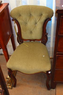Lot 499 - A PAIR OF VICTORIAN GREEN UPHOLSTERED SIDE CHAIRS the shaped backs with scroll supports