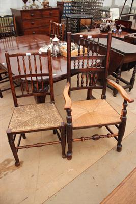 Lot 514 - A MATCHED SET OF SIX ANTIQUE LANCASHIRE SPINDLE BACK COUNTRY CHAIRS to include two carvers