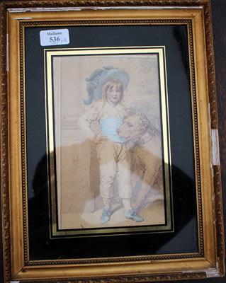 Lot 536 - AN EARLY 19TH CENTURY PRINT of a child and a dog within a gilt frame