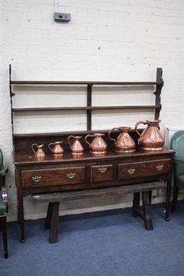 Lot 545 - AN 18TH CENTURY AND LATER DRESSER with three tier plate rack above two long and one short drawer
