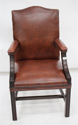Lot 565 - A HARDWOOD GAINSBOROUGH TYPE BROWN LEATHER UPHOLSTERED LIBRARY OPEN ARMCHAIR  60cm wide