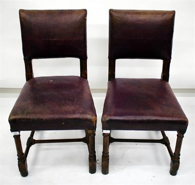 Lot 566 - A PAIR OF VICTORIAN PUGEN STYLE PURPLE LEATHER AND OAK SIDE CHAIRS with over stuffed upholstered