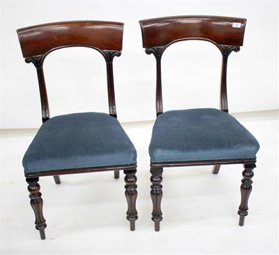 Lot 590 - A SET OF EIGHT VICTORIAN MAHOGANY BAR BACK DINING CHAIRS with blue upholstered seat and turned