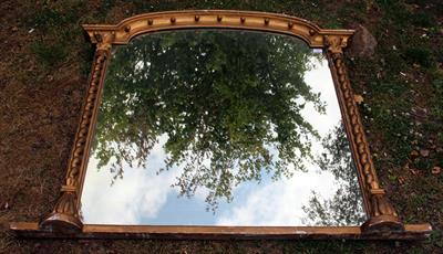 Lot 594 - A VICTORIAN GILT FRAMED OVERMANTLE MIRROR with barley twist pilaster columns and arching top 120cm