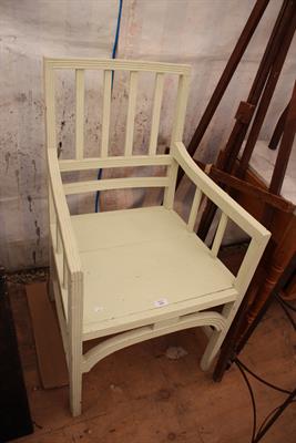 Lot 600 - A LATE 19TH CENTURY PAINTED ARMCHAIR with slatted back and sides and panelled seat