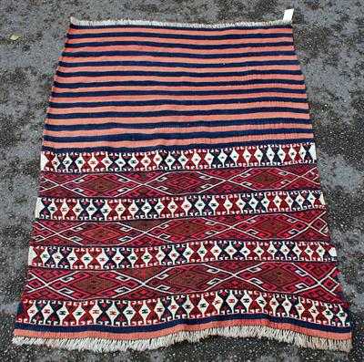 Lot 608 - A MIDDLE EASTERN KELIM WALL HANGING decorated with stripes and geometric patterns
