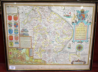 Lot 615 - AN ANTIQUE HAND COLOURED MAP of the County and City of Lincoln by Hondius