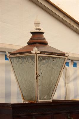 Lot 617 - A LARGE OLD COPPER FOUR GLASS LANTERN with finial top