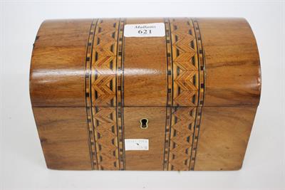 Lot 621 - A VICTORIAN DOME TOPPED TEA CADDY with inlaid decoration