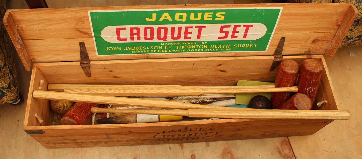 Lot 634 - A VINTAGE JAQUES CROQUET SET in a pine box