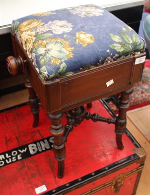 Lot 635 - A LATE 19TH CENTURY BROOKS LTD ADJUSTABLE PIANO STOOL with overstuffed upholstered seat and turned