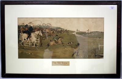 Lot 644 - AFTER CECIL ALDIN 'IN THE OPEN' POLYCHROME PRINT of a hunting scene 29cm x 60cm together with a