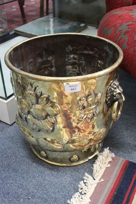Lot 662 - A 19TH CENTURY EMBOSSED BRASS JARDINIERE