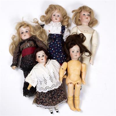 Lot 78 - FIVE PORCELAIN HEADED DOLLS