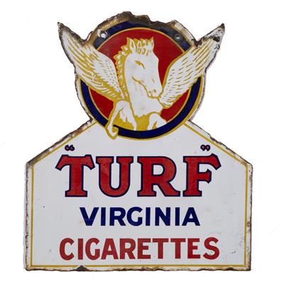 Lot 288 - A 20TH CENTURY DOUBLE SIDED ENAMEL ADVERTISING SIGN FOR 'TURF' VIRGINIA CIGARETTES