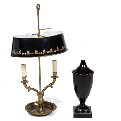 Lot 432 - AN EMPIRE STYLE BRASS BOUILLOTTE TWIN BRANCH TABLE LAMP