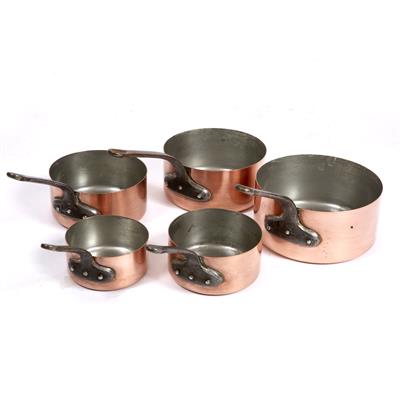 Lot 487 - A SET OF FIVE GRADUATED COPPER SAUCEPANS