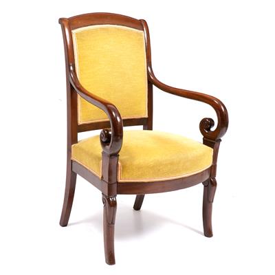 Lot 588 - A VICTORIAN ROSEWOOD SCROLL ARM OPEN ARMCHAIR