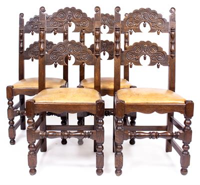 Lot 628 - A SET OF FOUR DERBYSHIRE BACKED DINING CHAIRS