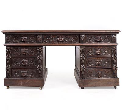 Lot 651 - AN OAK GOTHIC DIAL CARVED PEDESTAL DESK