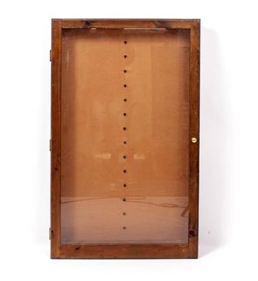 Lot 662 - A STAINED PINE GLAZED WALL MOUNTED DISPLAY CABINET