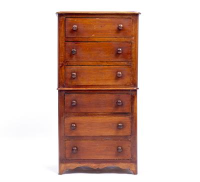 Lot 696 - A MINIATURE MAHOGANY CHEST OF TALL DRAWERS