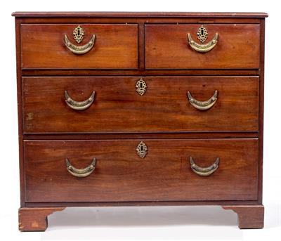 Lot 734 - A 19TH CENTURY MAHOGANY SMALL SIZE CHEST OF TWO SHORT AND TWO LONG OAK LINED DRAWERS