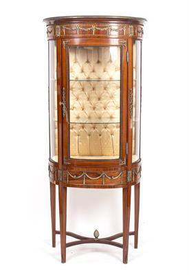 Lot 777 - A FRENCH STYLE HARDWOOD DEMI-LUNE DISPLAY CABINET