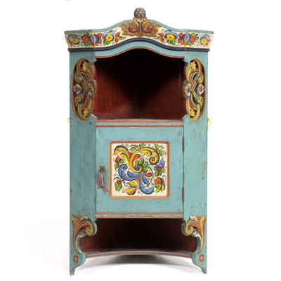 Lot 779 - A POLYCHROME PAINTED WALL HANGING CORNER DISPLAY CABINET