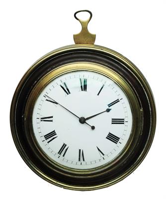 Lot 1 - A GEORGE III MAHOGANY AND BRASS BOUND SEDAN CHAIR CLOCK with convex white enamel Roman dial